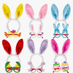 New! Set of 12 Colorful Easter Dress Up Bunny Ear Headbands & Glasses Party Set